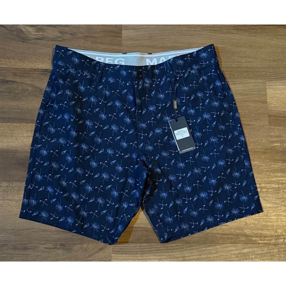 MAELREG Mens Proflex Golf Shorts 34 Dark Navy Hawaii Club Palm Tree Performance